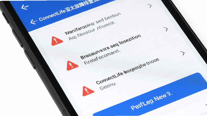 主体为手机屏幕特写显示ConnectLife亚太故障排查流程界面,布局为垂直列表式步骤指引,排版简洁明了,风格为扁平化UI设计,细节包含红色警告图标与蓝色操作按钮,画质清晰,背景为纯白色,无其他干扰元素