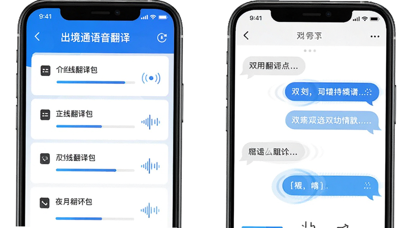 主体为出境通语音翻译App的功能展示图,左侧显示离线翻译包下载列表,右侧显示双向对话界面,布局左右分栏,排版整齐,风格科技感蓝色调,细节包含进度条和声波动画,画质清晰,干净,无多余元素