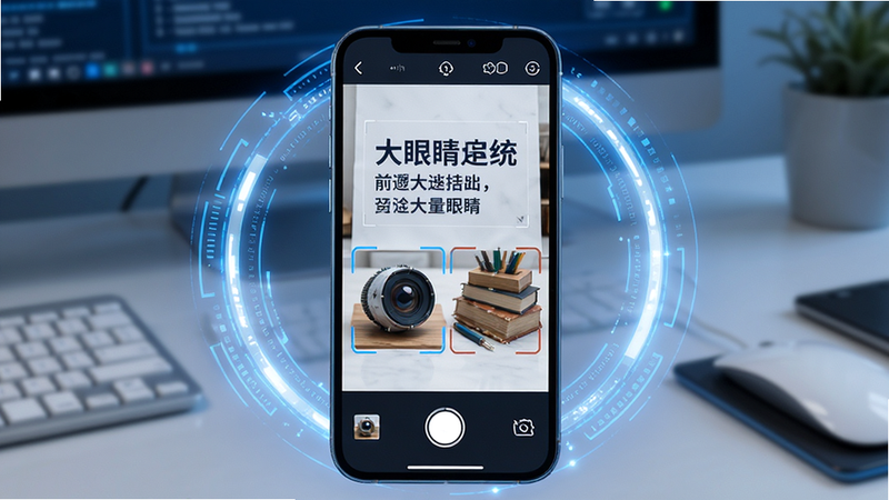 展示“大眼睛”应用正在进行图像识别的场景,手机屏幕上显示一张包含文字和物体的照片,周围有科技感的光圈效果,主体突出,布局中心对称,风格科技蓝白配色,细节清晰,画质超清,无干扰元素