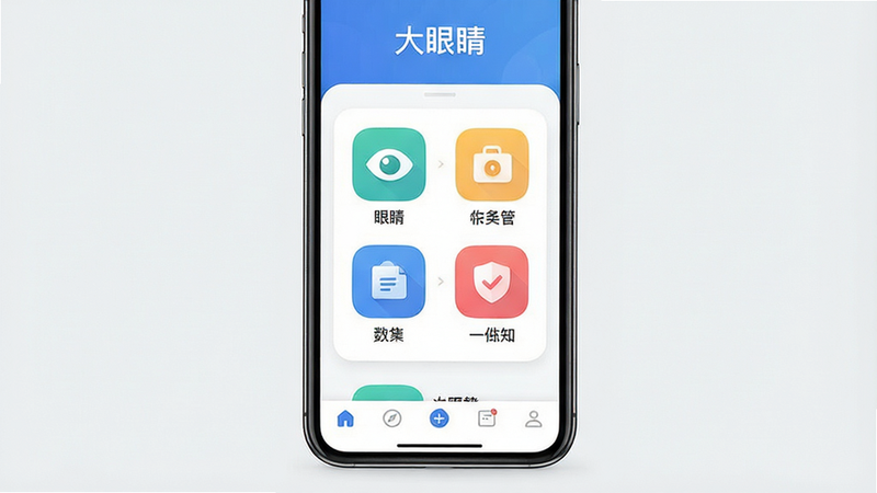 主体为一款名为“大眼睛”的手机应用界面展示,布局清晰简洁,顶部显示应用名称“大眼睛”,中间区域展示核心功能图标,底部为导航栏,风格现代扁平化,细节精致,画质高清,干净无多余元素