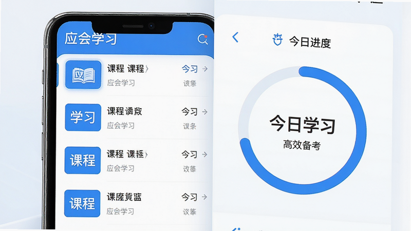 主体为“应会学习”APP的手机界面展示,布局采用清新简约风格,左侧显示课程列表,右侧突出“今日学习”进度环,配色以蓝白为主,细节清晰,画质高清,干净无多余元素,文字标注“应会学习”和“高效备考”