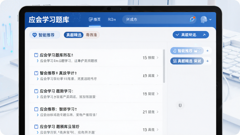 主体为“应会学习”的题库界面,布局展示题目列表与筛选标签,排版整齐,风格科技感,细节显示“智能推荐”和“真题精选”标签,画质清晰,干净,文字标注“应会学习题库”