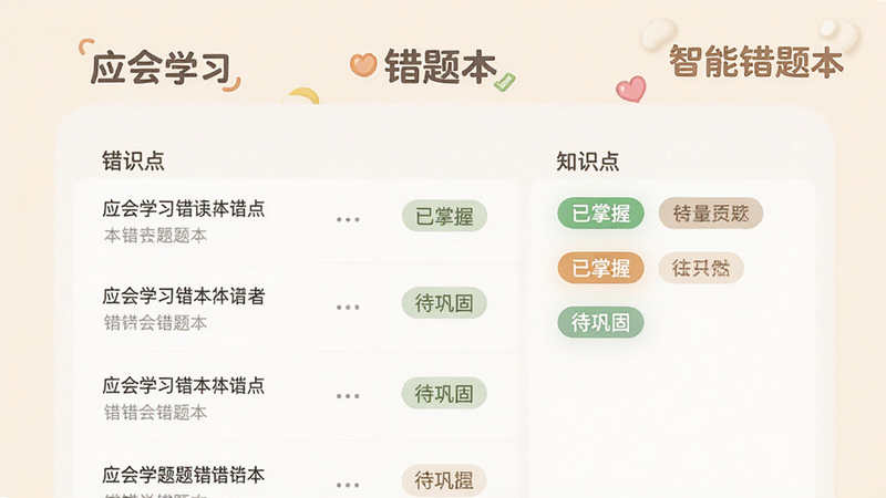 主体为“应会学习”的错题本功能界面,布局展示错题列表与知识点标签,排版清晰,风格温和鼓励,细节显示“已掌握”和“待巩固”状态标记,画质清晰,干净,文字标注“智能错题本”