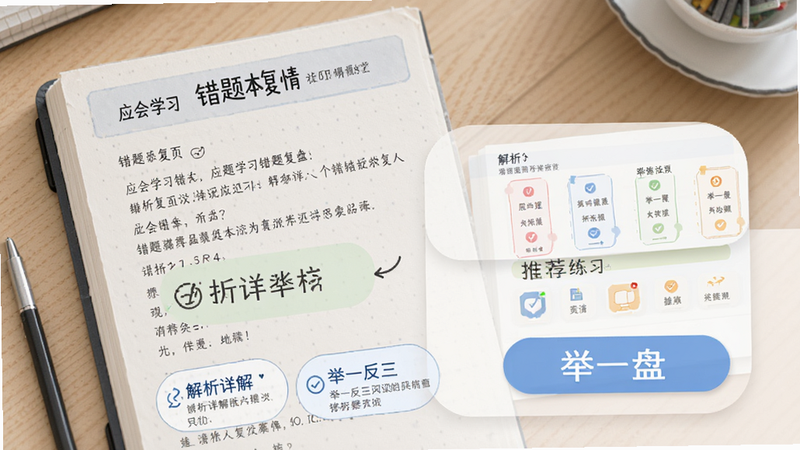 主体为“应会学习”的错题本详情页,布局展示题目、解析和推荐练习,排版清晰,风格教育类,细节显示“解析详解”和“举一反三”按钮,画质高清,干净,文字标注“错题复盘”