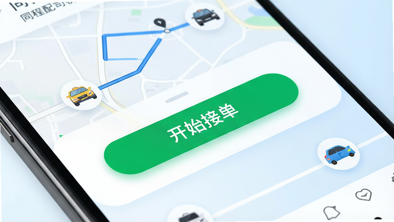 һ�Ÿ���������ֻ���Ļ��д����ʾ��ͬ����˾����App�������棬����Ϊ���İ�ɫ�뵭��ɫ���䣬������ʾһ����Ŀ����ɫ����ʼ�ӵ�����ť����Χ�����ŵ�ͼ·�ߺͳ���ͼ�꣬����ִ���Լ��ϸ�����������ʼ��ߣ��ɾ��޶���Ԫ��