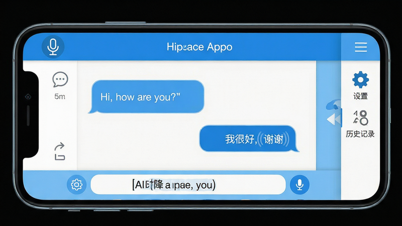 主体为饺子英语精灵App的主界面全屏截图,布局清晰展示顶部导航栏、中部对话气泡区域及底部输入框,采用清新蓝白配色风格,界面元素包括麦克风图标、设置齿轮、历史记录侧边栏,细节处显示AI正在输入的动态效果,画质高清,干净无多余元素,文字内容包含“Hi, how are you?”和“我很好,谢谢”