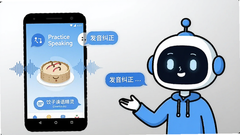 主体为两个人物对话的卡通插画,左侧为安卓手机屏幕显示饺子英语精灵界面,右侧为虚拟AI助手形象,布局左右对称,风格为扁平化设计,细节展示声波波动动画和对话气泡,背景为浅灰色渐变,文字包含“Practice Speaking”和“发音纠正”,画质清晰,无杂乱背景