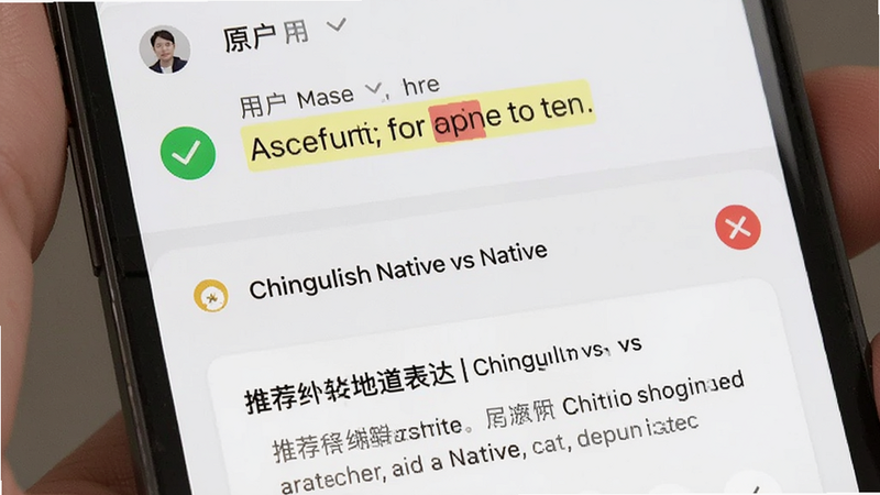 主体为手机界面特写,展示纠错功能模块,布局分为上下两部分,上部显示用户原句高亮错误,下部显示推荐的地道表达及解释卡片,风格为极简主义,细节包含绿色对勾图标和红色叉号图标,文字内容显示“Chinglish vs Native”,画质细腻,无水印