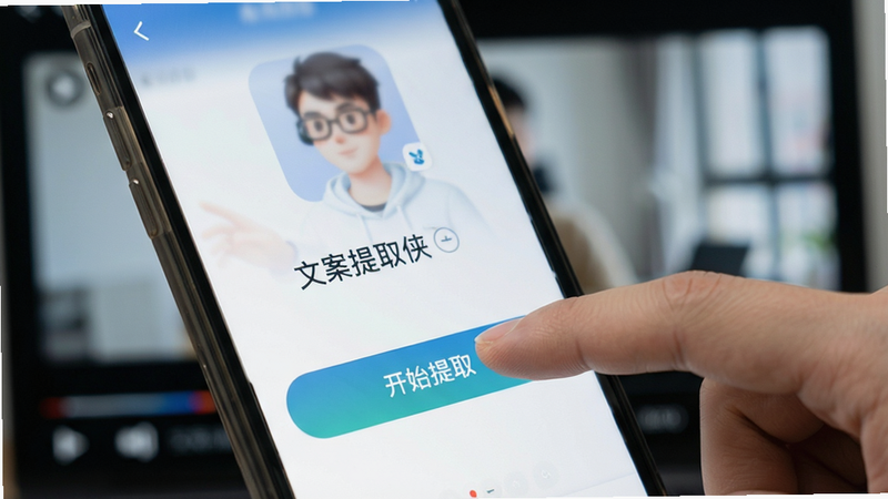 展示手机屏幕上的操作界面,手指正在点击“开始提取”按钮,背景为模糊的视频播放画面,突出“文案提取侠”App的交互过程,风格写实,细节清晰,画质干净