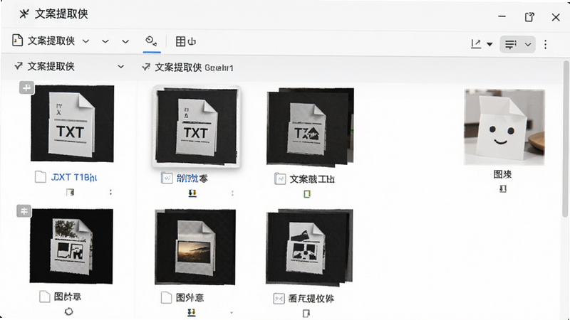 一个整洁的文件管理界面截图,显示“文案提取侠”生成的TXT文件和图片文件列表,文件名清晰可见,界面布局整齐,色调为白色和浅灰色,体现专业与秩序,画质高清