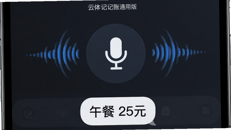 主体为云记账通用版的语音记账功能演示图,布局为手机界面,中间显示麦克风图标和声波动画,下方显示已识别的文字“午餐 25元”,风格为科技感极简风,细节包含蓝色声波波纹与白色文字气泡,画质清晰,干净,无多余元素