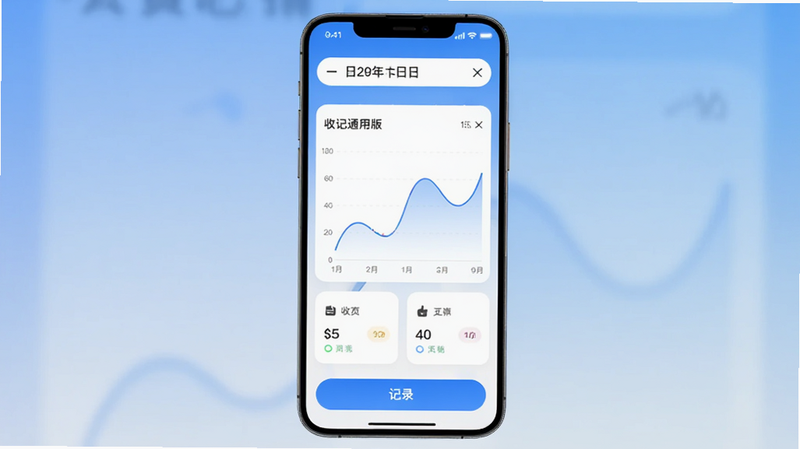 主体为云记账通用版安卓APP的主界面预览图,布局为手机屏幕竖屏展示,中心显示收支曲线图表,顶部有日期选择器,底部为记录按钮,风格为扁平化设计,细节包含柔和的蓝色渐变背景与白色卡片式模块,画质高清,干净,无多余元素