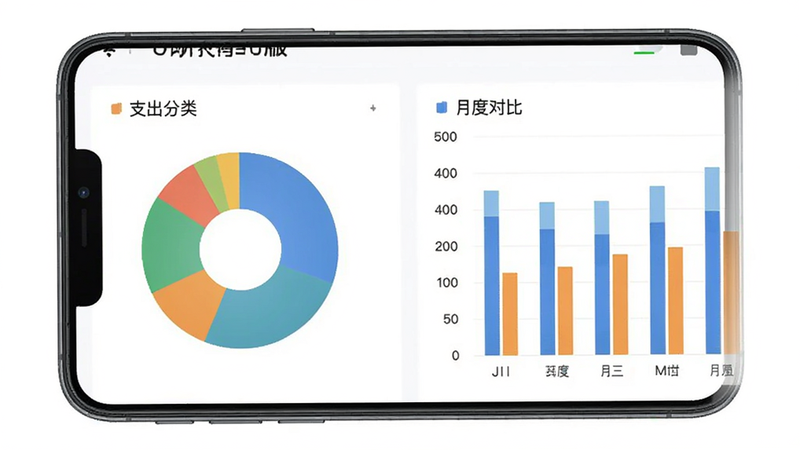 主体为云记账通用版的图表分析界面,布局为手机屏幕,左侧为饼图显示支出分类,右侧为柱状图显示月度对比,风格为商务简约风,细节包含彩色扇区与坐标轴标签,画质精细,干净,无多余元素