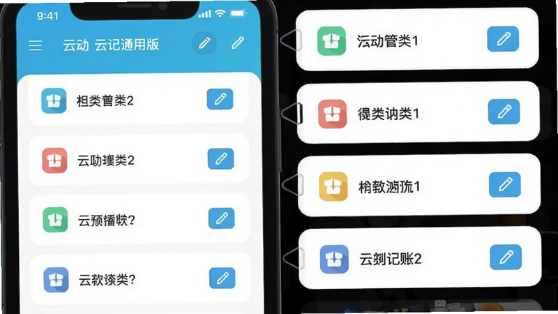 主体为云记账通用版的分类管理界面,布局为手机列表视图,显示多个可拖拽的分类标签,风格为清新扁平化,细节包含分类图标与编辑按钮,画质清晰,干净,无多余元素