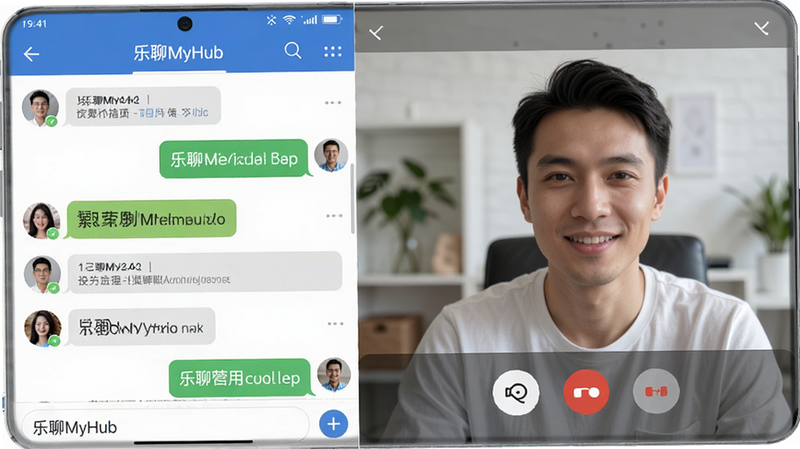主体为乐聊MyHub安卓版应用界面展示,布局采用左右分栏结构,左侧为聊天列表预览,右侧为视频通话实时画面,排版清晰简洁,风格为现代扁平化设计,细节包含清晰的文字气泡和高清人物头像,画质4k,干净,无多余元素,文字包含