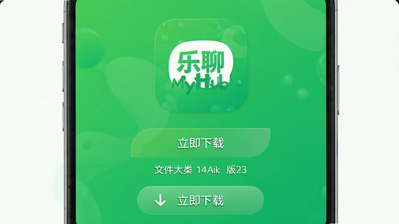 主体为乐聊MyHub下载界面,布局为居中显示应用图标和下载按钮,风格为明亮绿色调,细节展示文件大小和版本号,画质高清,干净,无多余元素,文字包含