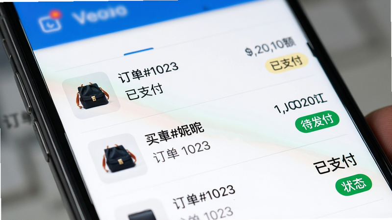 一张特写展示订单管理界面的手机截图,主体是订单列表,每条订单包含商品缩略图、买家昵称、金额和状态标签(如“待发货”),背景模糊处理突出前景文字,风格现代简约,色彩对比度高,细节清晰,画质极佳,干净无水印,文字标签如“订单#1023”、“已支付”清晰可辨