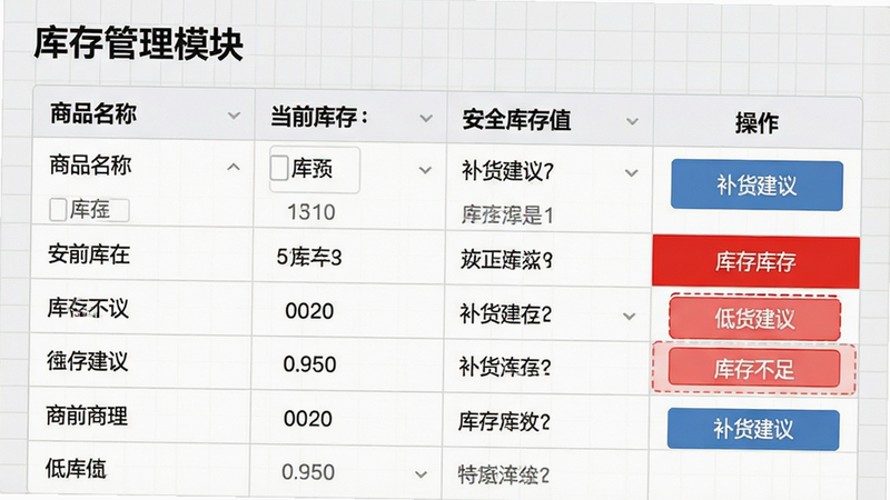 一张展示库存管理模块的界面图,主体为一个表格,列出商品名称、当前库存、安全库存值和操作按钮,背景为浅色网格,风格专业严谨,细节处有红色高亮显示低库存警告,画质清晰,布局规整,无多余装饰,文字标签如“库存不足”、“补货建议”清晰可见
