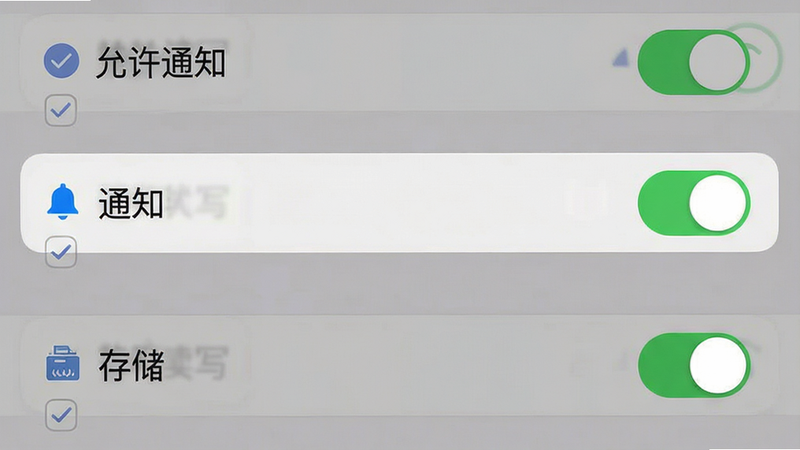 一张手机设置界面的示意图,主体是权限管理列表,高亮显示“通知”和“存储”权限的开关状态,背景为半透明灰色,风格简洁明了,细节处有勾选标记,画质清晰,干净无干扰元素,文字标签如“允许通知”、“读写存储”清晰可见