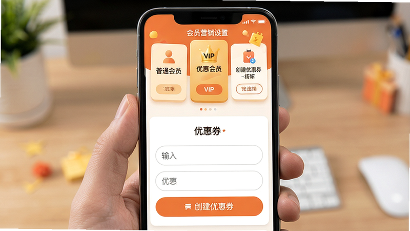 一张展示会员营销设置界面的手机屏幕,主体是会员等级卡片和优惠券创建表单,布局上下结构,上方为等级权益说明,下方为输入框和按钮,风格活泼亲切,使用暖色调点缀,细节丰富,画质高清,干净简洁,文字标签如“普通会员”、“VIP”、“创建优惠券”清晰展示