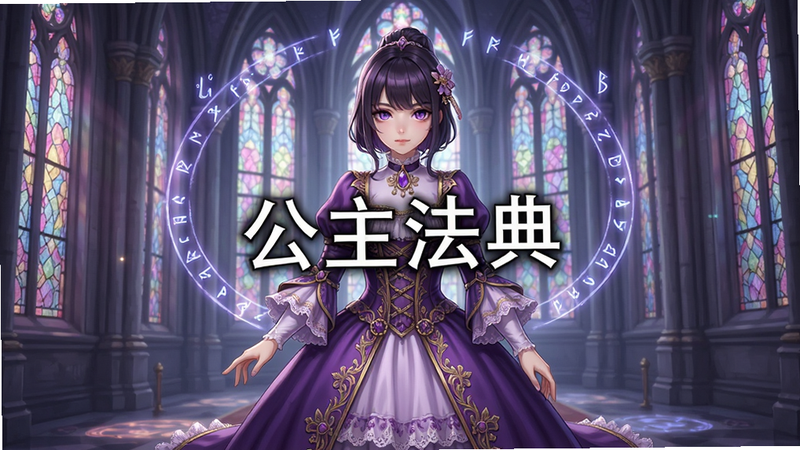 一张高清游戏概念艺术图,主体为身穿华丽紫色宫廷礼服的少女角色,站在宏伟的哥特式城堡大厅中央,背景是巨大的彩色玻璃窗和悬浮的魔法符文,画面中心显示文字
