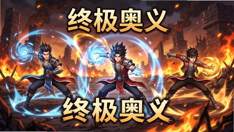 游戏战斗场景,三名角色正在释放技能,特效绚丽,背景是燃烧的战场,文字显示