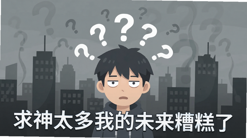 主体为游戏《求神太多我的未来糟糕了》的启动画面,背景是灰暗的城市剪影,前景是一位表情呆滞、头顶冒出多个问号的角色,布局居中,排版简洁,风格为扁平化插画,细节丰富,画质高清,干净无多余元素,文字“求神太多我的未来糟糕了”清晰可见