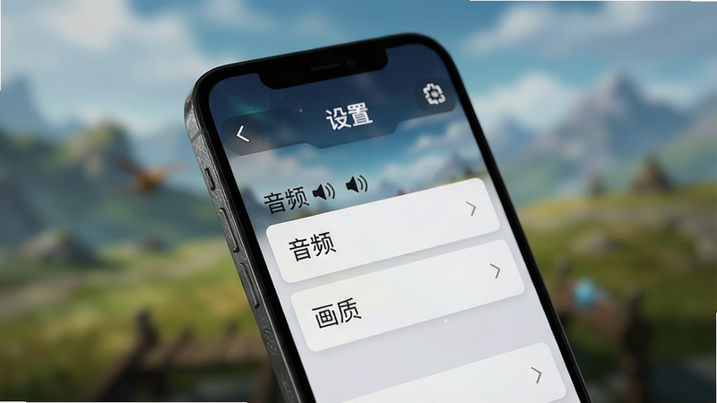 主体为手机屏幕界面,显示游戏设置菜单,背景模糊,布局清晰,风格为UI设计,细节精致,画质高清,干净,文字“设置”、“音频”、“画质”清晰可见