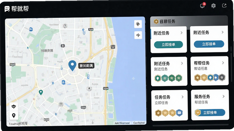 主体为帮就帮服务端智能匹配界面演示,布局左侧为地图定位视图,右侧为任务卡片列表,风格极简主义,细节展示定位图标、距离标签与技能徽章,画质清晰,干净,无多余元素,文字包含