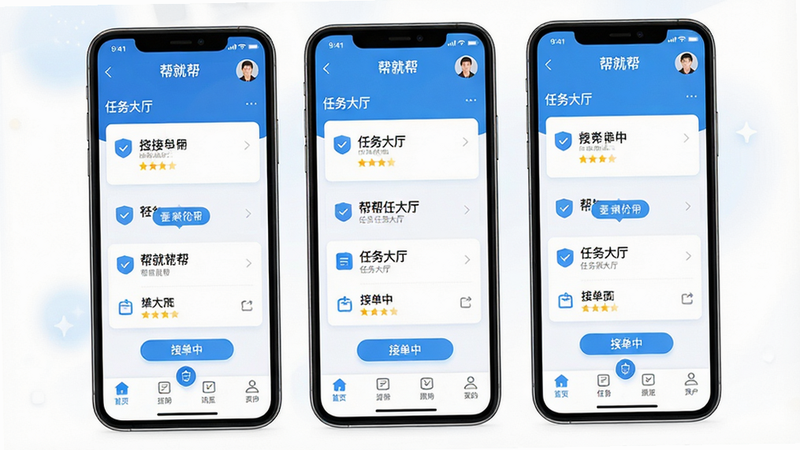 主体为帮就帮服务端手机APP界面全景图,布局采用现代化扁平化设计,顶部显示导航栏与用户头像,中部为核心任务列表卡片,底部为功能标签栏,风格清新科技蓝白配色,细节展示清晰的按钮图标与文字排版,画质高清,干净,无多余元素,文字包含