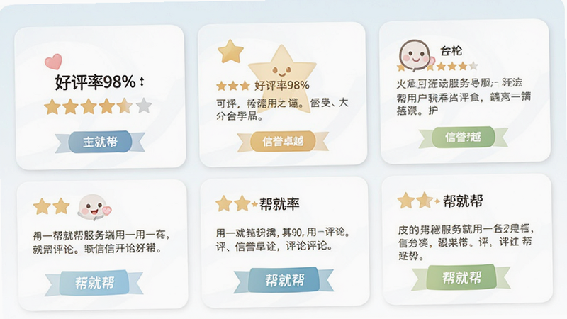 主体为帮就帮服务端用户评价与信誉积分展示页,布局为卡片式排列,风格友好亲切,细节展示星级评价、评论文字与信誉等级徽章,画质高清,干净,无多余元素,文字包含