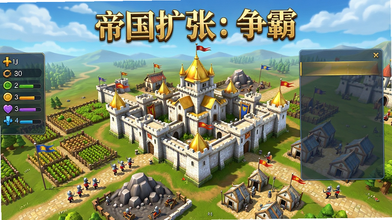 主体为“帝国扩张:争霸”游戏主界面,布局呈现宏大的3D城堡俯瞰视角,中央是一座金顶白色石墙的主城,周围环绕着农田、矿场和兵营。画面右侧悬浮着半透明的操作菜单,左侧显示资源数值条。风格为写实渲染与卡通夸张结合,细节丰富,包括旗帜飘动、士兵巡逻动画。画质高清,色彩饱满,无多余UI干扰,背景为蓝天白云下的广袤大地,展现帝国繁荣景象,文字标注“帝国扩张:争霸”位于顶部中央,字体为金色立体衬线体,清晰醒目。