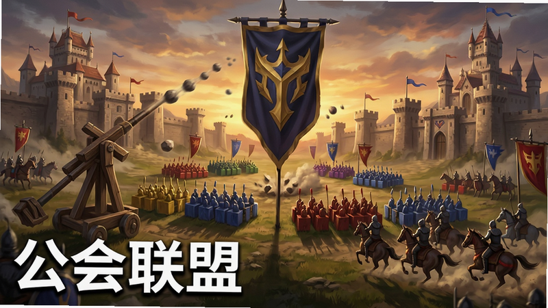 主体为“帝国扩张:争霸”公会战场景,布局呈现多座城堡相互攻击的动态画面,中心是巨大的公会旗帜,周围分布着不同颜色的部队方阵。风格为史诗感数字艺术,细节包括投石车发射石弹、骑兵冲锋扬起的尘土。画质细腻,光影效果突出,展现战争的激烈与混乱,背景为黄昏天空,文字标注“公会联盟”位于左下角,字体为粗体无衬线,白色带阴影,清晰易读。