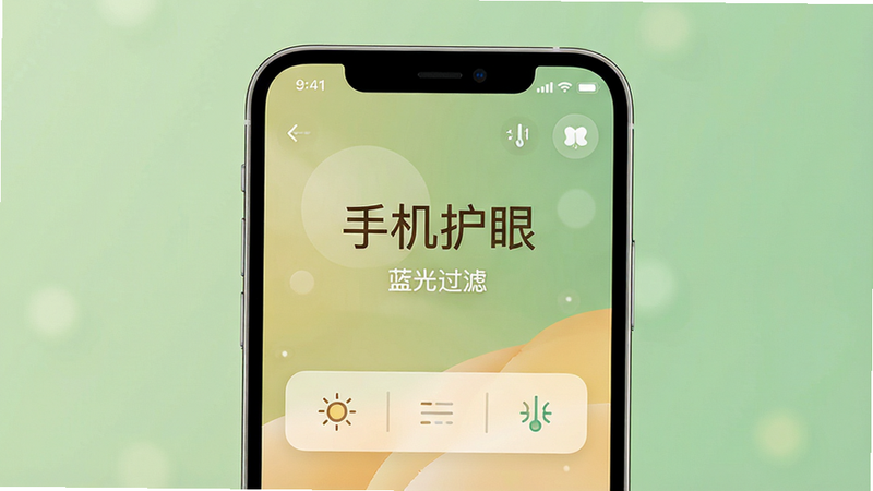 手机护眼软件界面概览图,主体为智能手机展示护眼模式开启后的暖色调屏幕,布局居中,排版简洁现代,风格清新护眼,细节显示柔和的绿色背景与简洁的UI控件,画质高清,干净无多余元素,文字包含