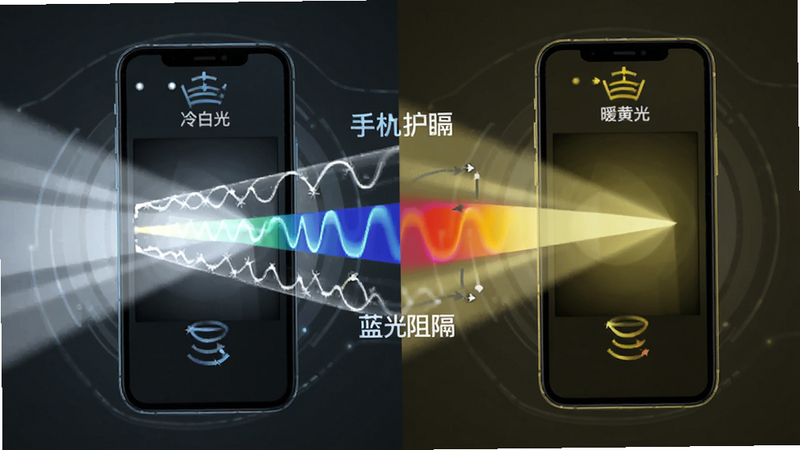 蓝光过滤技术原理示意图,主体为手机屏幕发出的光线示意图,布局左右对比,左侧显示冷白光,右侧显示暖黄光,风格科技感,细节展示光线波长变化,画质清晰,干净,无多余元素,文字包含