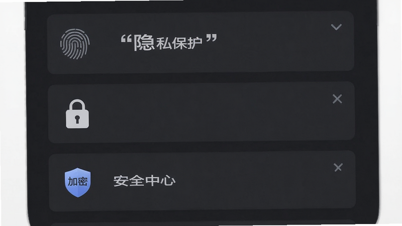 主体为乐叙APP安全设置页面,布局为垂直列表结构,背景为深灰色调以体现安全感,排版清晰明了,风格科技简约,细节包含指纹识别图标、锁屏图标、加密盾牌标志,文字加引号