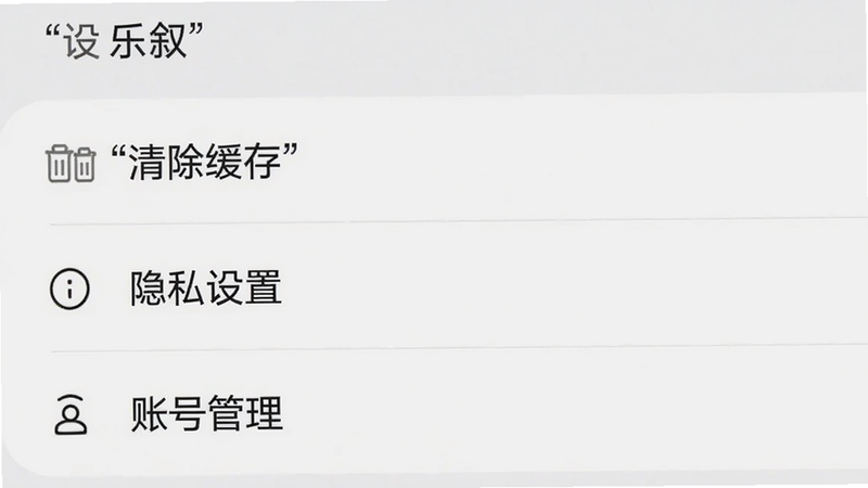 主体为乐叙APP设置界面预览,布局为列表式菜单,背景为浅灰色,排版整洁,风格简约实用,细节包含“清除缓存”、“隐私设置”、“账号管理”选项,文字加引号
