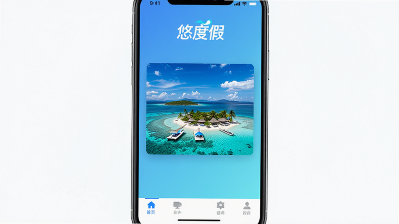 一张展示悠度假APP主界面的手机屏幕截图,背景为清新的蓝色渐变,界面中央显示精美的海岛度假图片,顶部有“悠度假”Logo,底部有导航栏,整体风格清新、现代、干净,无多余元素,高清画质