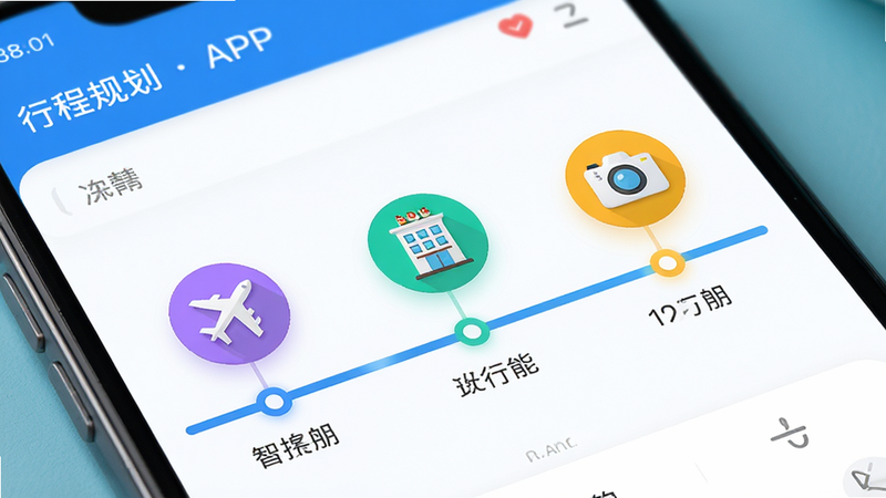 悠度假APP内的行程规划页面,显示一条时间轴,连接着多个图标(飞机、酒店、相机),界面整洁,色彩明快,突出“智能”与“便捷”,无水印,高清细节