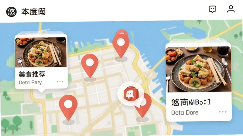 悠度假APP内的本地指南页面,地图上分布着红色的定位标记,旁边弹出一个小卡片显示美食推荐,界面扁平化设计,色彩鲜艳,清晰易读,无多余装饰,高清