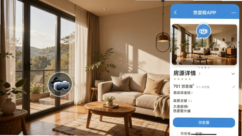 悠度假APP内的房源详情页,展示一间温馨的民宿内部,落地窗透进阳光,沙发整洁,旁边有VR眼镜图标暗示全景功能,画面温馨、明亮,高清晰度,无杂乱背景
