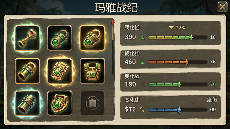 玛雅战纪角色养成界面,主体为英雄属性面板,布局左右分栏,左侧显示装备图标,右侧显示数值变化,排版工整,风格为UI设计,细节展示装备光晕,画质清晰,干净,无多余元素,文字“玛雅战纪”作为标题显示