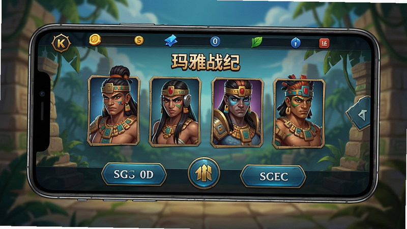 玛雅战纪游戏主界面展示,主体为手机屏幕居中显示游戏大厅,布局清晰,顶部显示资源栏,中部为英雄立绘,底部为功能按钮,排版对称平衡,风格为高品质二次元插画,细节丰富,画质4k,干净,无多余元素,文字“玛雅战纪”清晰可见