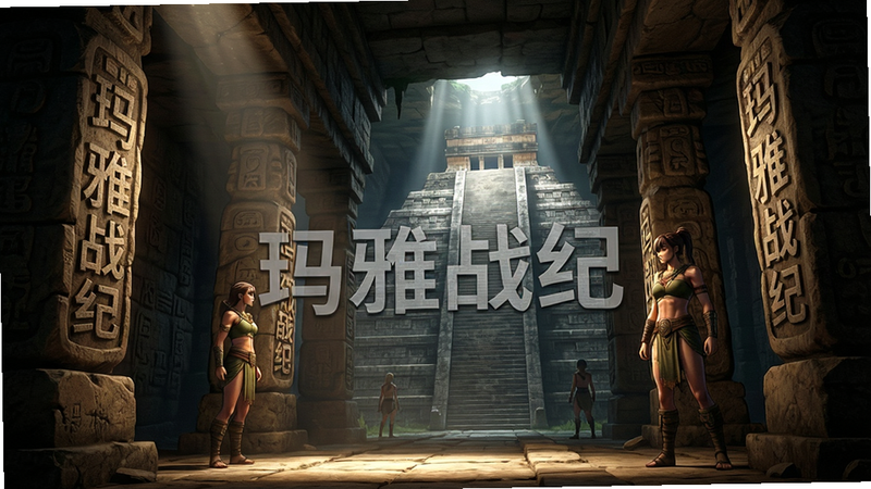 玛雅战纪游戏剧情场景,主体为宏伟的玛雅金字塔内部,布局深远,光影效果强烈,排版具有纵深感,风格为电影级写实与二次元结合,细节刻画石碑纹理,画质超清,干净,无多余元素,文字“玛雅战纪”作为水印隐约可见