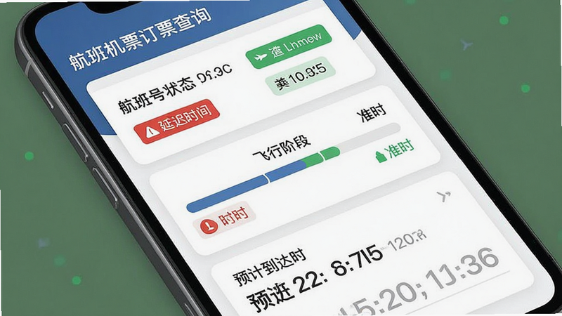 主体为手机界面展示“航班机票订票查询”的实时动态模块,布局采用卡片式设计,顶部显示航班号与状态标签,中部为进度条显示飞行阶段,底部为预计到达时间,排版紧凑有序,风格为扁平化商务风,细节包含延迟时间红色警示、准时绿色标识,画质清晰,干净,无多余元素