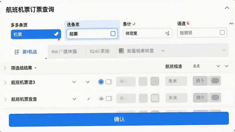 主体为“航班机票订票查询”的筛选功能界面,布局采用折叠面板与标签页结合,顶部为多条件选择器,中部为筛选结果列表,底部为确认按钮,排版层级分明,风格为极简主义,细节包含选中状态高亮、未选项灰色显示,画质通透,干净,无多余元素