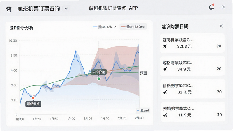 主体为“航班机票订票查询”APP的价格分析页面,布局左侧为折线图展示价格波动,右侧为建议购票日期列表,排版平衡对称,风格为数据可视化风格,细节包含最低点标记、平均价格线、预测区间阴影,画质细腻,干净,无多余元素