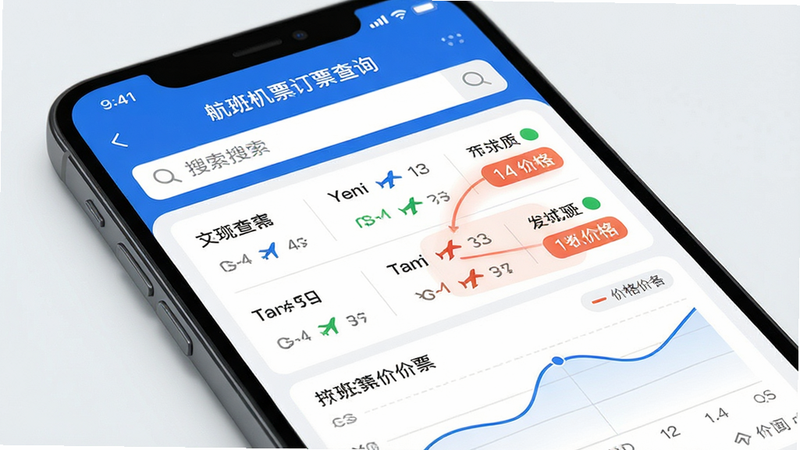 主体为智能手机屏幕特写,显示“航班机票订票查询”APP界面,布局清晰,上方为搜索栏,中间为航班列表,下方为价格曲线图,排版整洁,风格为现代简约科技风,细节包含实时价格高亮、航班状态图标,画质高清,干净,无多余元素