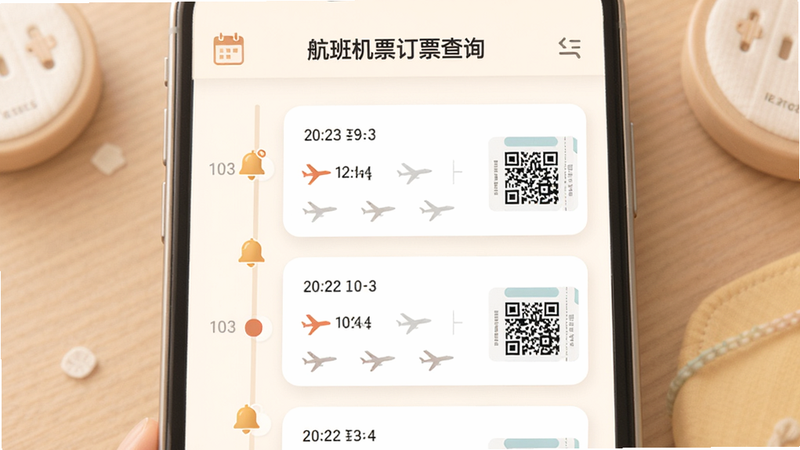 主体为“航班机票订票查询”的行程管理页面,布局为时间轴形式,展示不同日期的航班卡片,排版纵向流畅,风格为生活化温馨风,细节包含日历图标、提醒铃铛、电子票二维码,画质柔和,干净,无多余元素