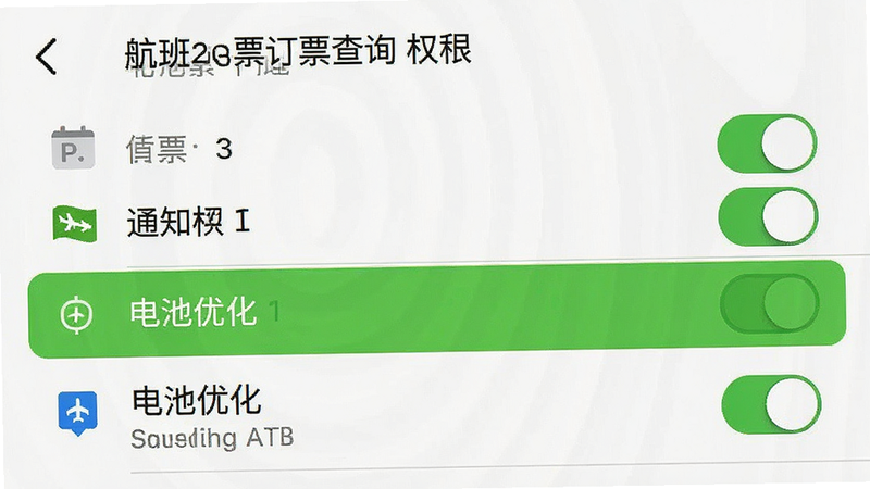 主体为手机设置界面截图,显示“航班机票订票查询”的权限管理页面,布局为列表形式,高亮显示通知权限与电池优化选项,排版清晰,风格为系统原生UI,细节包含开关按钮状态、图标标识,画质真实,干净,无多余元素